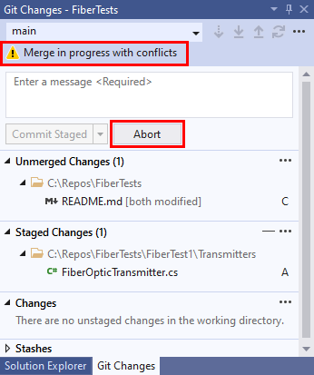 Screenshot der Seriendruckkonfliktmeldung im Git-Repositoryfenster von Visual Studio 2019.