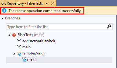 Screenshot der Bestätigungsmeldung für die Neubasis im Git-Repositoryfenster von Visual Studio 2019.
