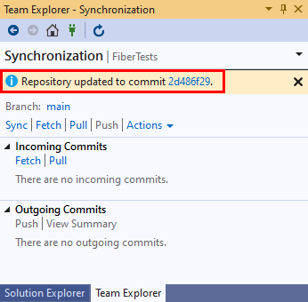 Screenshot der Pullbestätigungsmeldung in der Synchronisierungsansicht von Team Explorer in Visual Studio 2019.