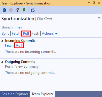 Screenshot der Pull-Optionen in der Synchronisierungsansicht von Team Explorer in Visual Studio 2019.