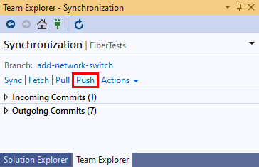 Screenshot des Pushlinks in der Synchronisierungsansicht von Team Explorer in Visual Studio 2019.