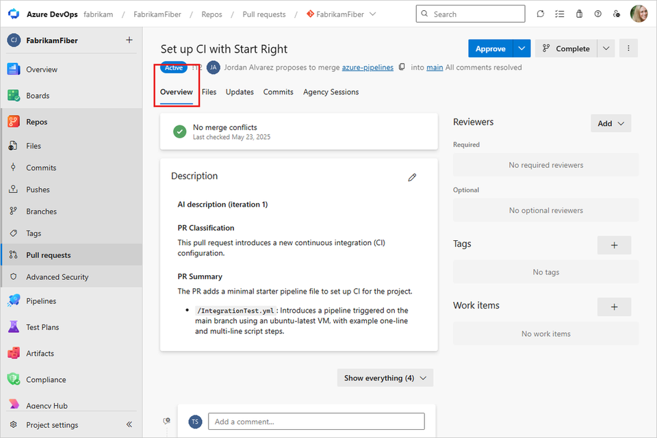 Screenshot der Azure Repos PR-Übersicht-Registerkarte.