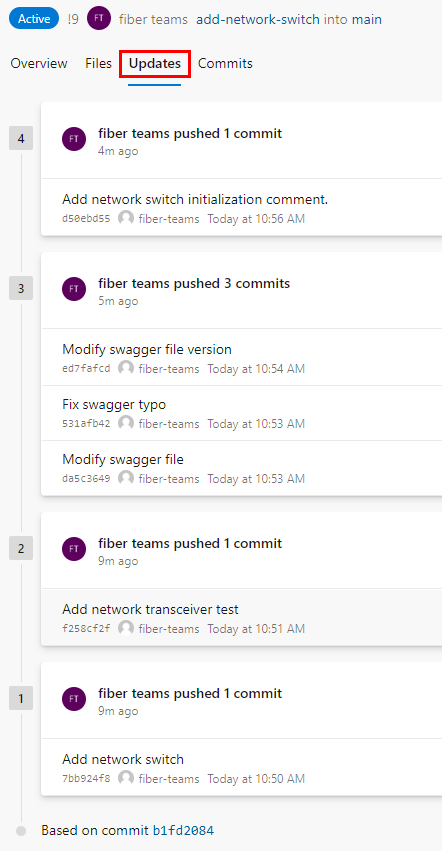 Screenshot einer Changeset-Liste im Tab „Updates“ einer PR.