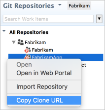 Kopieren Sie die Git-Repository-Klon-URL im Team Explorer überall mit der rechten Maustaste.