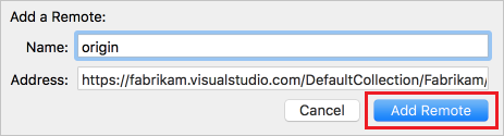 Screenshot, der zeigt, wie Sie dem lokalen Git-Repository für Ihr Xcode-Projekt eine Remoteverbindung mit Azure DevOps Services hinzufügen.