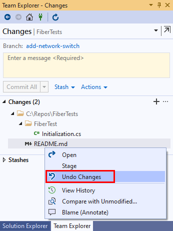 Screenshot: Kontextmenüoptionen für geänderte Dateien im Team Explorer in Visual Studio&nbsp;2019