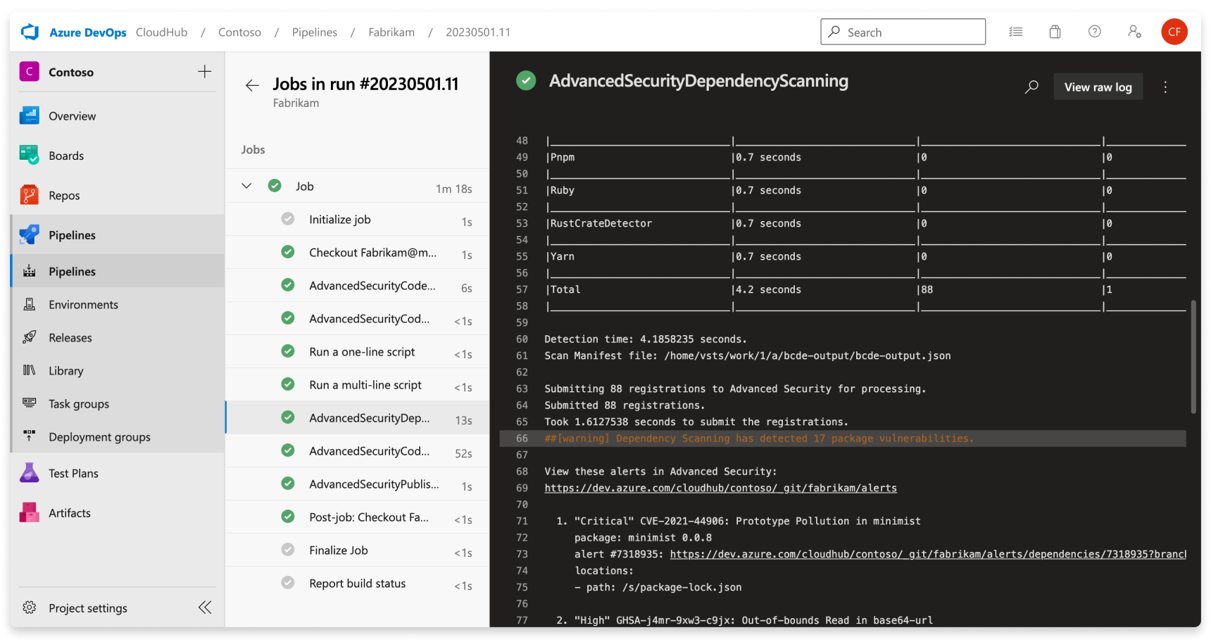Screenshot von einer Buildausgabe eines Abhängigkeitsscans