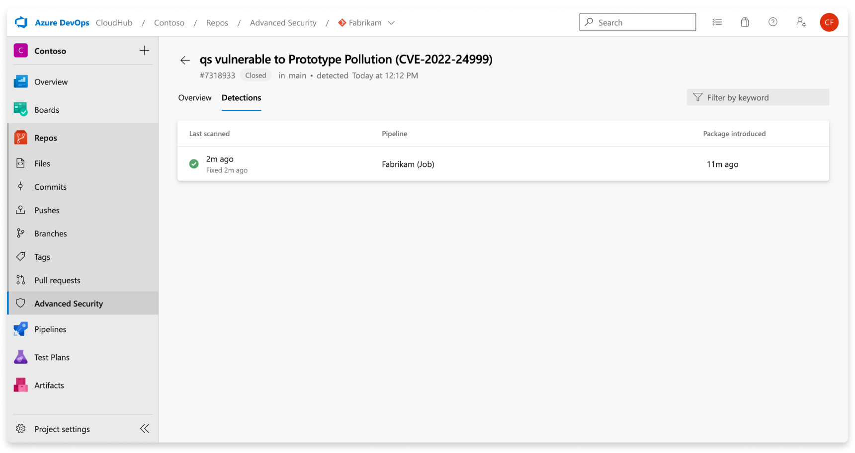 Screenshot der Erkennungsansicht des Abhängigkeitsscans für eine Warnung