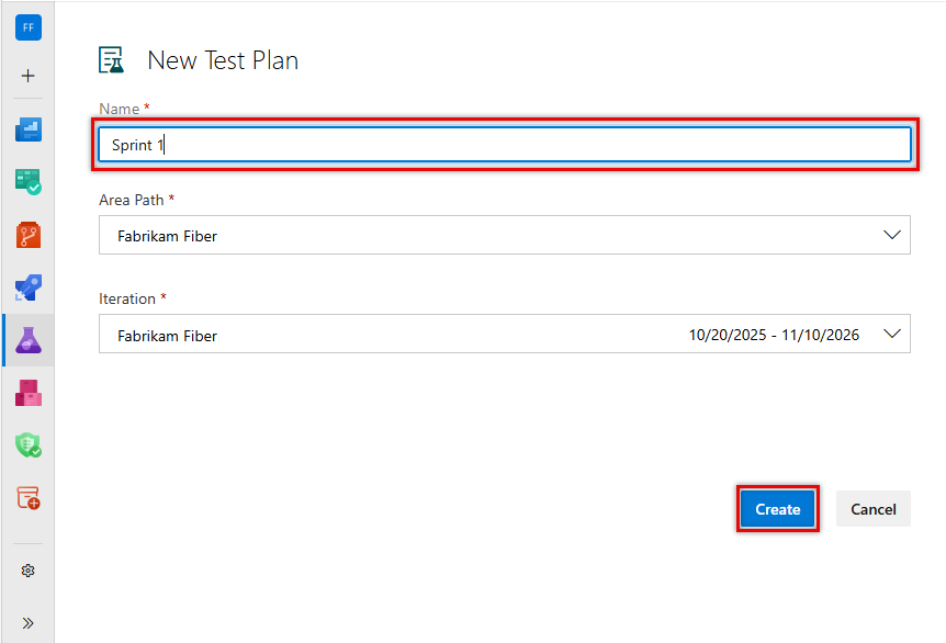 Screenshot des Hinzufügens von Testplandetails.