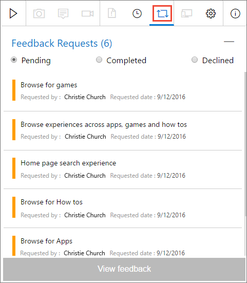Screenshot der Liste der Feedbackanforderungen in Test & Feedback mit Feedbackanforderungen für das verbundene Projekt oder Team.