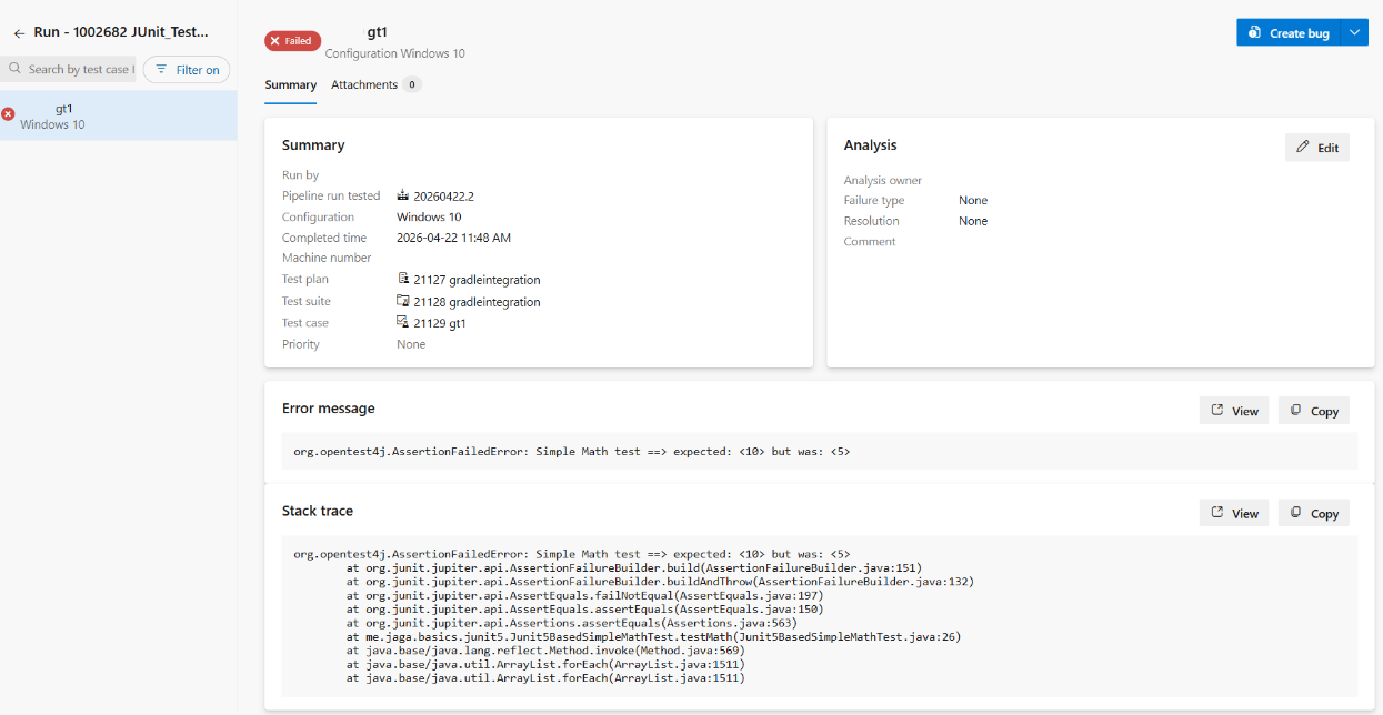 Screenshot der erweiterten Stack-Trace-Ansicht für das Ergebnis eines automatisierten Testlaufs.