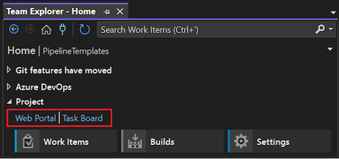 Screenshot der Startseite von Team Explorer für Visual Studio 2022 mit hervorgehobenen Webportal- und Task Board-Features.