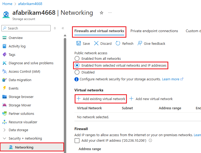 Screenshot des Bereichs „Netzwerk“ einer Ressourcengruppe mit hervorgehobener Option „Vorhandenes virtuelles Netzwerk hinzufügen“