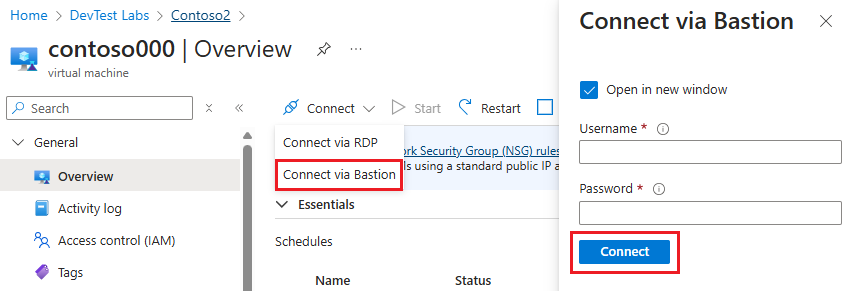 Screenshot der Schaltfläche „VM-Verbindung“ und der heruntergeladenen RDP-Datei.