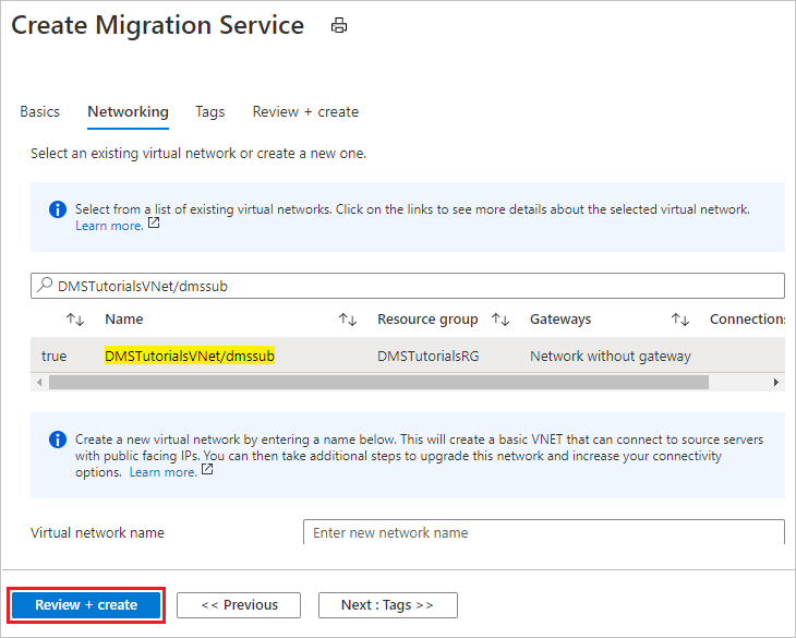 Screenshot: Konfigurieren der Einstellungen einer Azure Database Migration Service-Instanz.