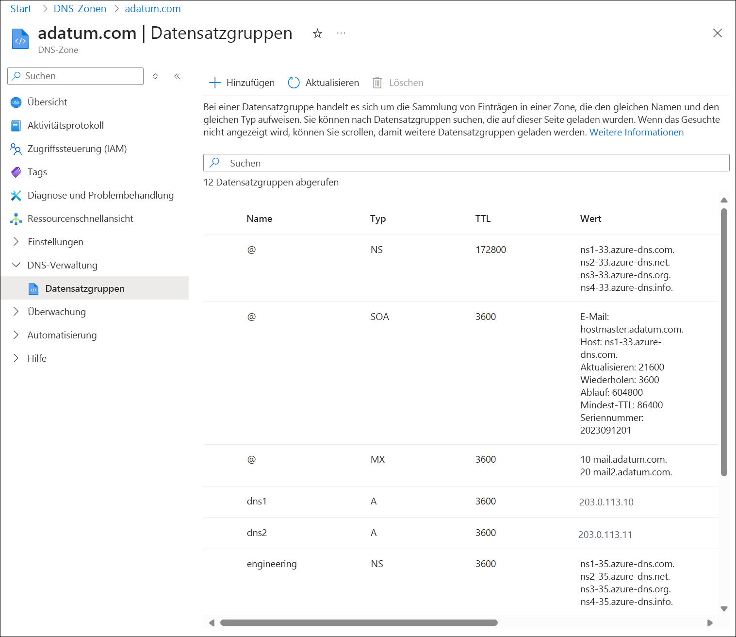 Screenshot der DNS-Zonen-Recordsets.