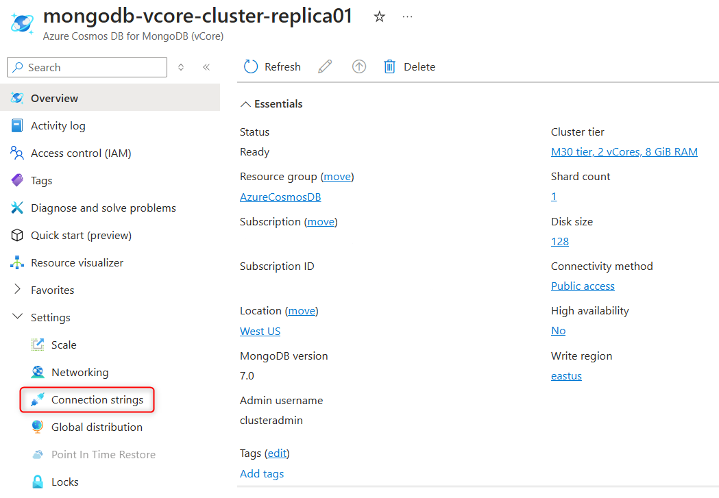 Screenshot der Eigenschaften des Replikatclusters mit hervorgehobener Seite „Verbindungszeichenfolgen“ im Azure-Portal.