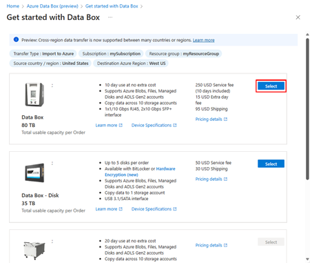 Screenshot: Bildschirm zum Auswählen eines Azure&nbsp;Data&nbsp;Box-Produkts. Die Auswahlschaltfläche für Data Box ist hervorgehoben.