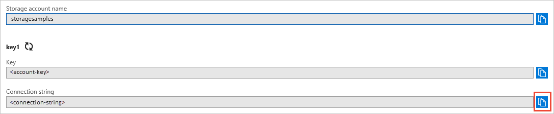 Screenshot, der zeigt, wie eine Verbindungszeichenfolge aus dem Azure-Portal kopiert wird