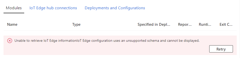 Screenshot des Azure Portal-Fehlers auf der IoT-Edge-Geräteseite.