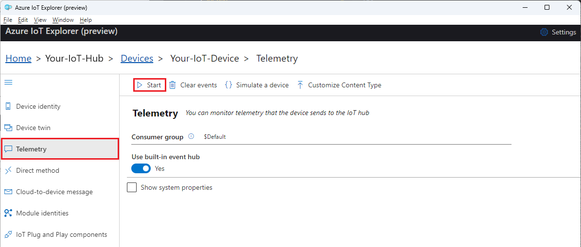 Screenshot des Telemetriebereichs für Geräte im Azure IoT-Explorer, der zeigt, wie die Überwachung der Gerätetelemetrie gestartet werden kann.