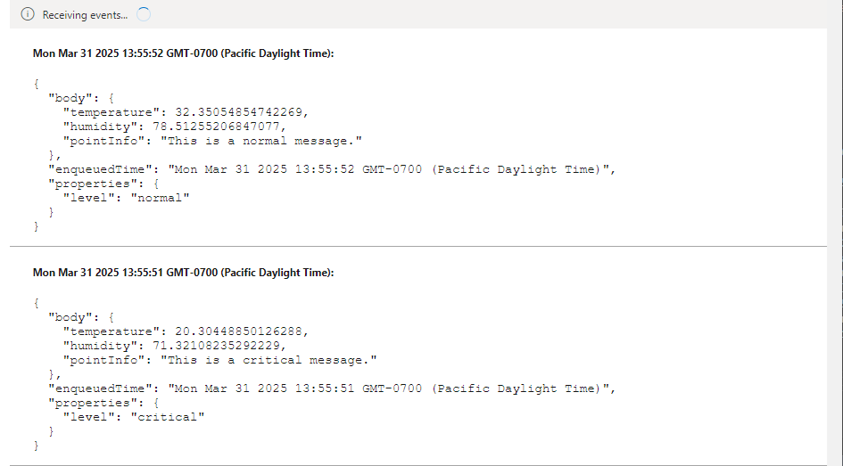 Screenshot der Nachrichten, die am IoT-Hub auf dem integrierten Endpunkt ankommen.