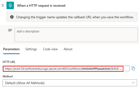Screenshot zeigt Verbrauchsworkflow, Anforderungsauslöser und generierte Rückruf-URL für Endpunkt.
