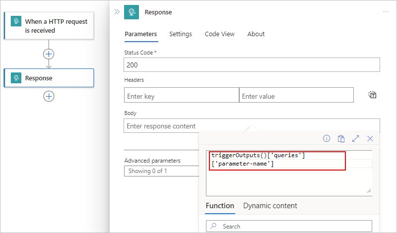 Screenshot zeigt den Verbrauchsworkflow, die Antwortaktion sowie den TriggerOutputs-Ausdruck.