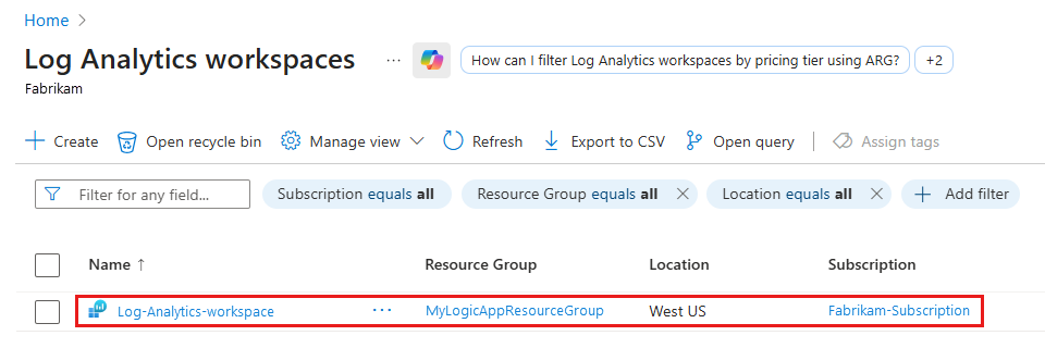 Screenshot der Log Analytics-Arbeitsbereiche, die Sie auswählen können.