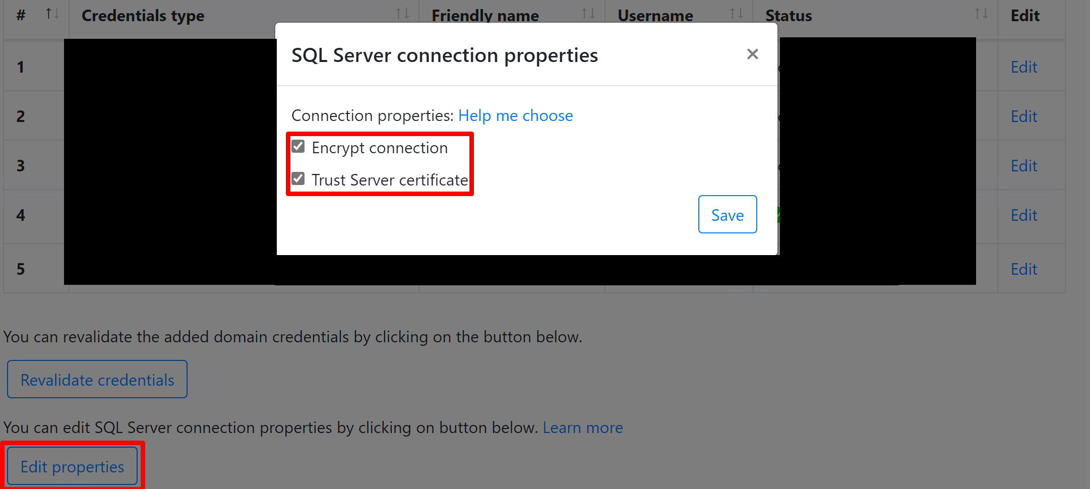 Screenshot, der zeigt, wie Sie Verbindungseigenschaften des SQL Server bearbeiten.