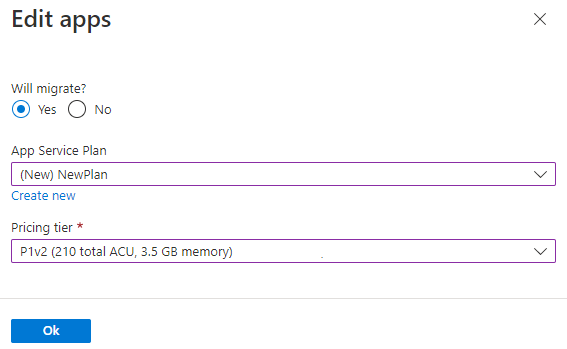 Screenshot von Azure Migrate Edit-Apps.