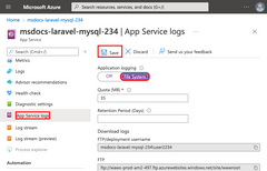 Screenshot, der zeigt, wie Sie native Protokolle in App Service im Azure-Portal aktivieren.