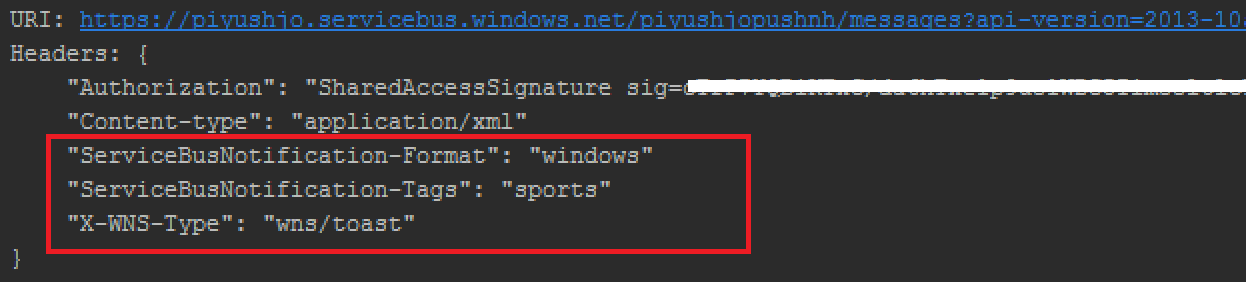 Screenshot einer Konsole mit den Details der HTTP-Anforderung, dem Service&nbsp;Bus-Benachrichtigungsformat, dem Service&nbsp;Bus-Benachrichtigungstag sowie den XWNS-Typwerten (rot umrandet).