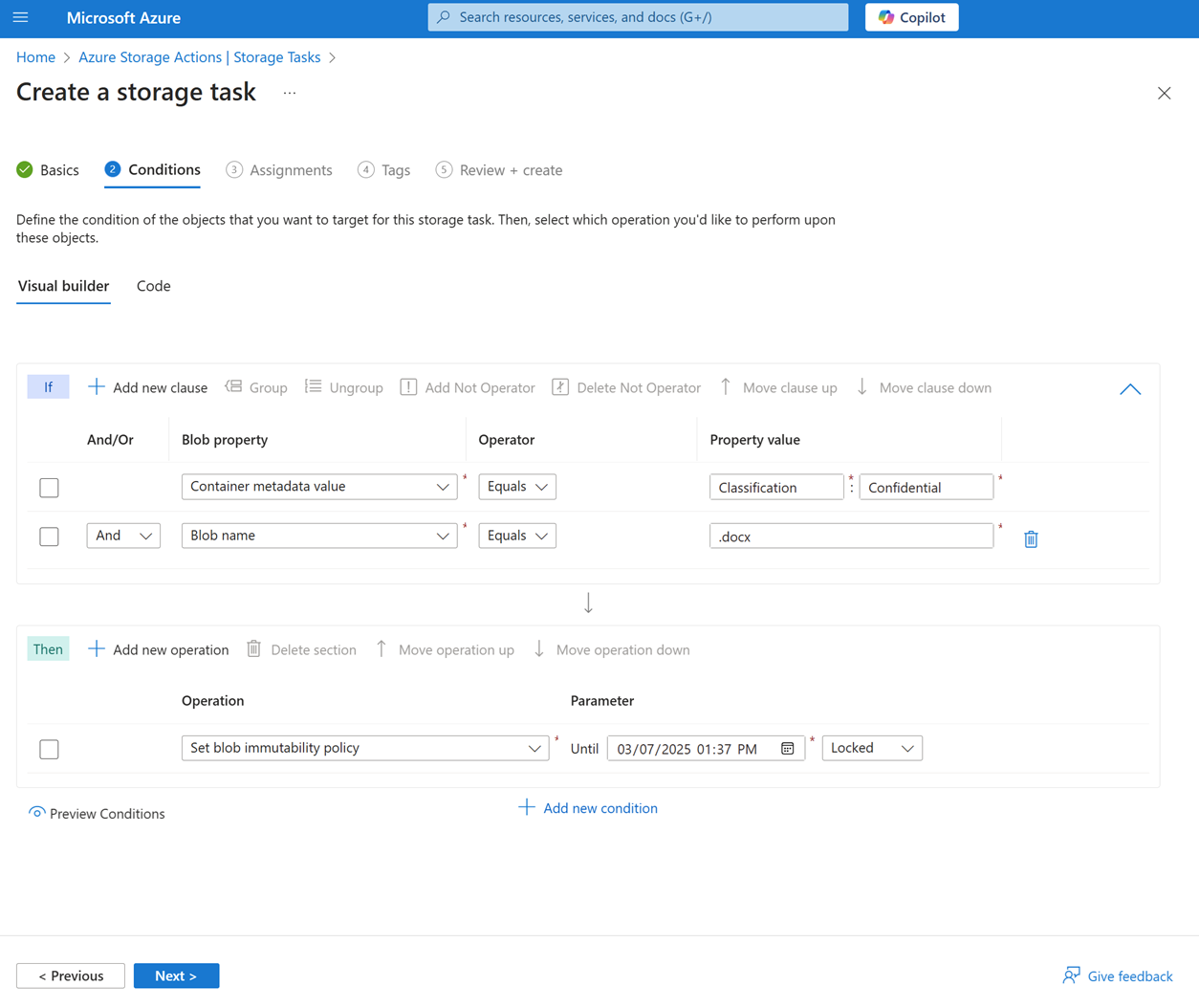 Screenshot der Registerkarte Bedingungen der Storage-Aufgabe Erstellen von Erfahrungen.