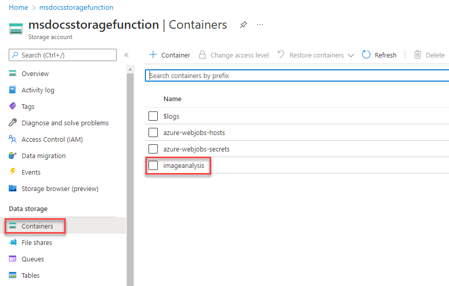 Screenshot: Navigieren zu einem Speichercontainer.