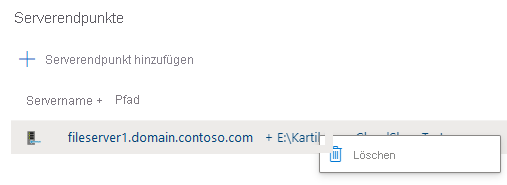 Screenshot, der zeigt, wie ein Serverendpunkt aus einer Synchronisierungsgruppe entfernt wird.