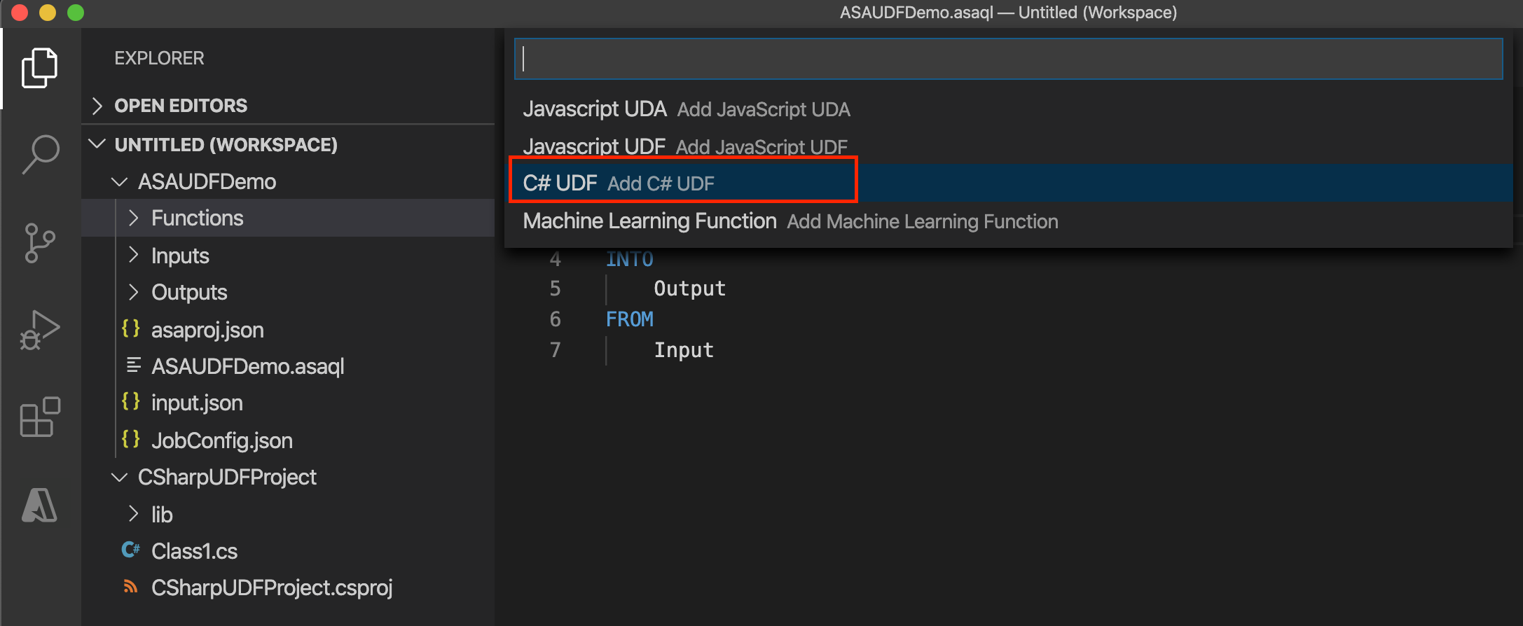 Auswählen der CSharp-Funktion aus dem Stream Analytics-Projekt in VS Code