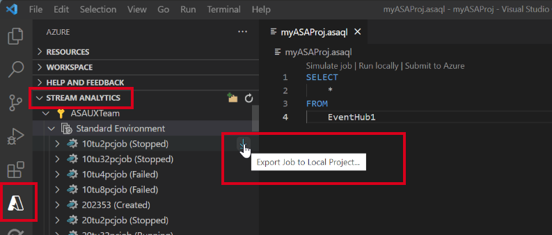Screenshot der VS Code-Erweiterung, die den ASA-Auftrag nach Visual Studio Code exportiert.