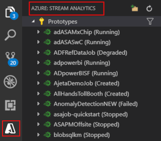 Screenshot der VS Code-Erweiterung beim Öffnen des Stream Analytics-Explorers.