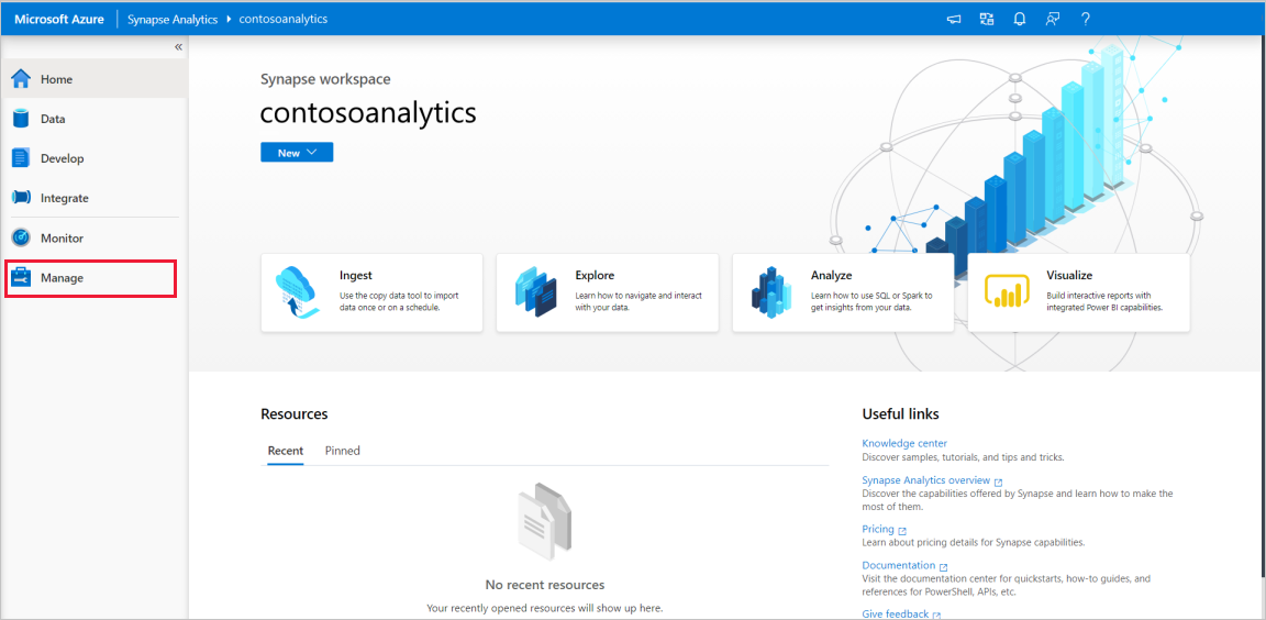 Screenshot der Synapse Studio-Startseite mit hervorgehobenem Abschnitt 