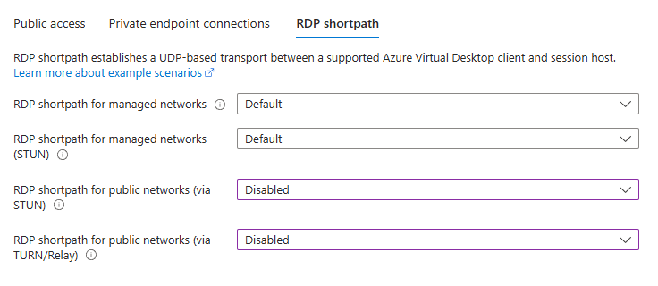 Screenshot: RDP Shortpath für öffentliche Netzwerke (STUN und TURN) deaktiviert, während RDP Shortpath für verwaltete Netzwerke bei der Standardeinstellung bleibt.