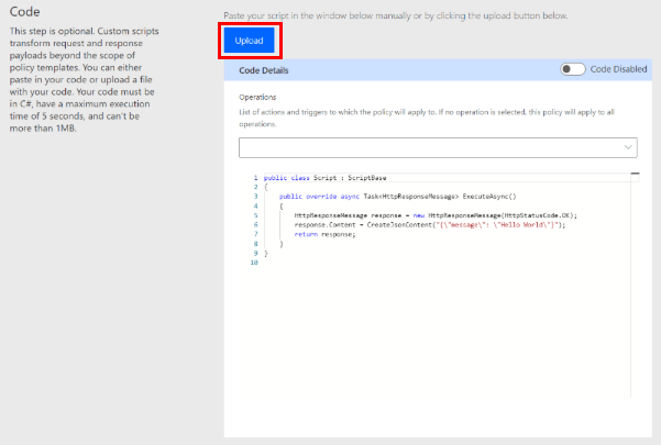Screenshot des Hochladens Ihres benutzerdefinierten Codes im Codebereich.