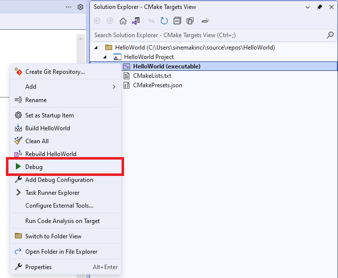 Screenshot der Menüoption für das Debuggen in der CMake-Zielansicht.