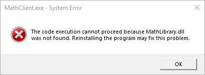 Screenshot des Fehlerdialogfelds, MathLibrary DLL nicht gefunden.