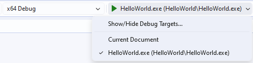 Screenshot der Dropdownliste der CMake-Startobjekte.