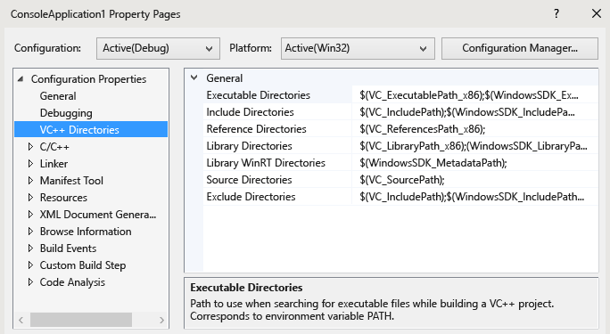Screenshot des Dialogfelds „Eigenschaftsseiten von Visual Studio“ für Regeln für Verzeichnisse.
