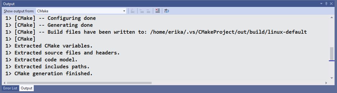 Screenshot des Visual-Studio-Ausgabefensters. Es enthält Nachrichten, die während des Konfigurationsschrittes generiert werden, einschließlich der Fertigstellung der CMake-Generierung.