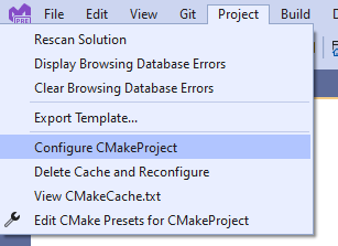 Screenshot des Dropdown-Menüs zur Konfiguration des Visual Studio-Projekts. CMakeProject ist ausgewählt.