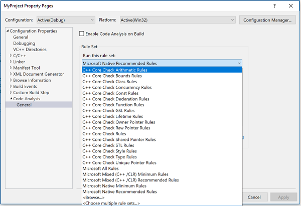 Dropdown für zusätzliche C++-Kernüberprüfungsregelsätze.