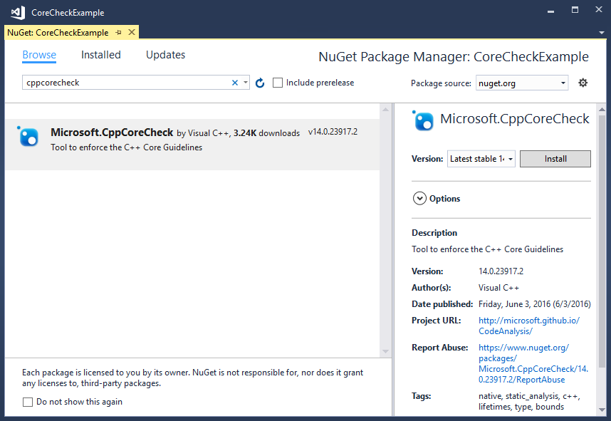 Nuget Paket-Manager Fenster mit dem CppCoreCheck-Paket.